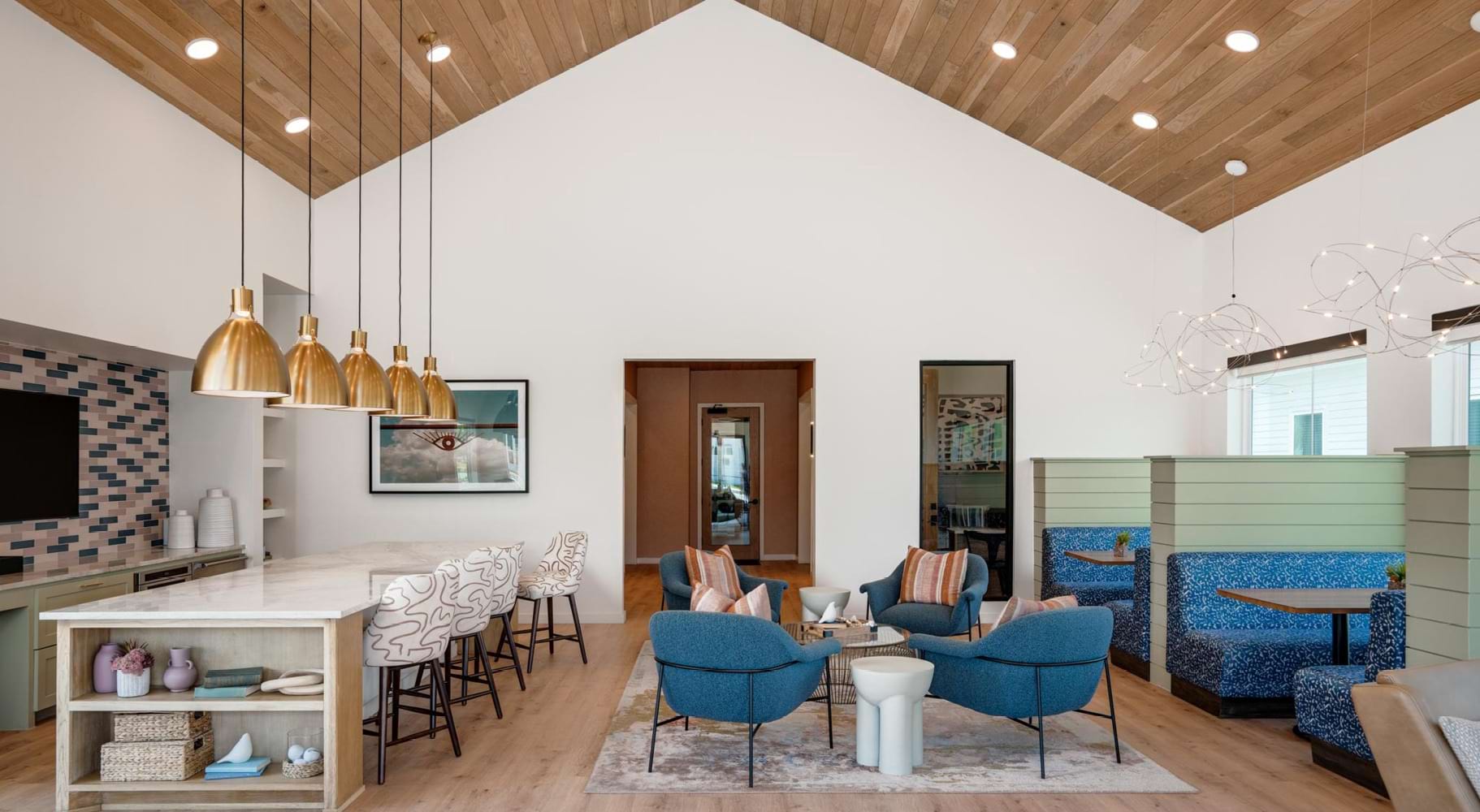 Clubroom with lounge seating and gaming areas