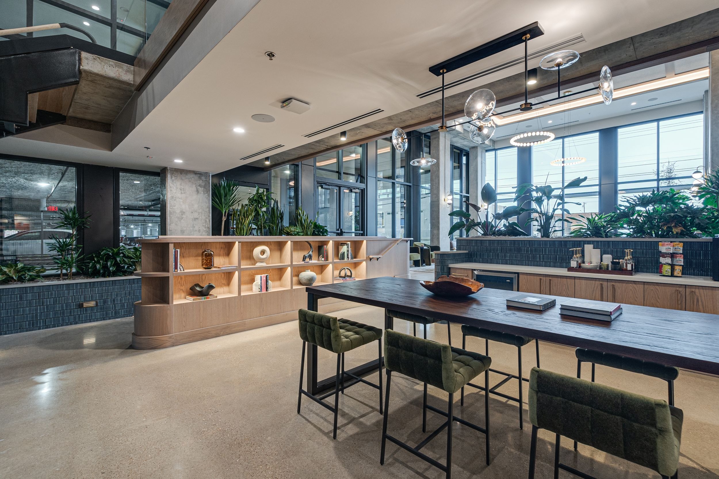 Community kitchen with table and seating