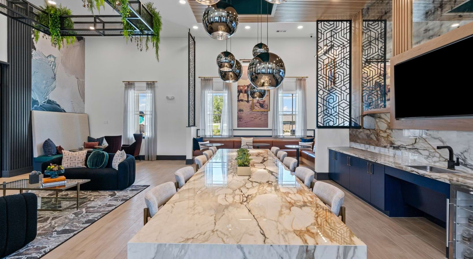 Entertainment kitchen with marble waterfall island