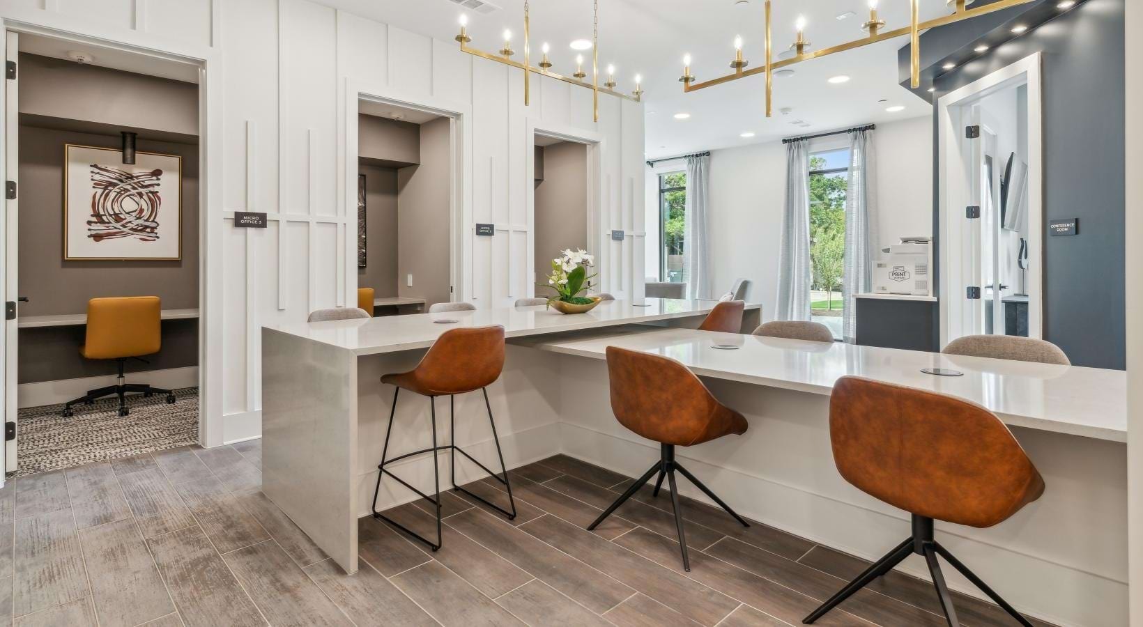Micro-office workspace with island seating