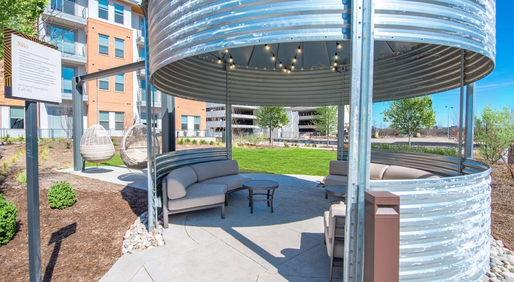 Grain-silo shade structure and seating