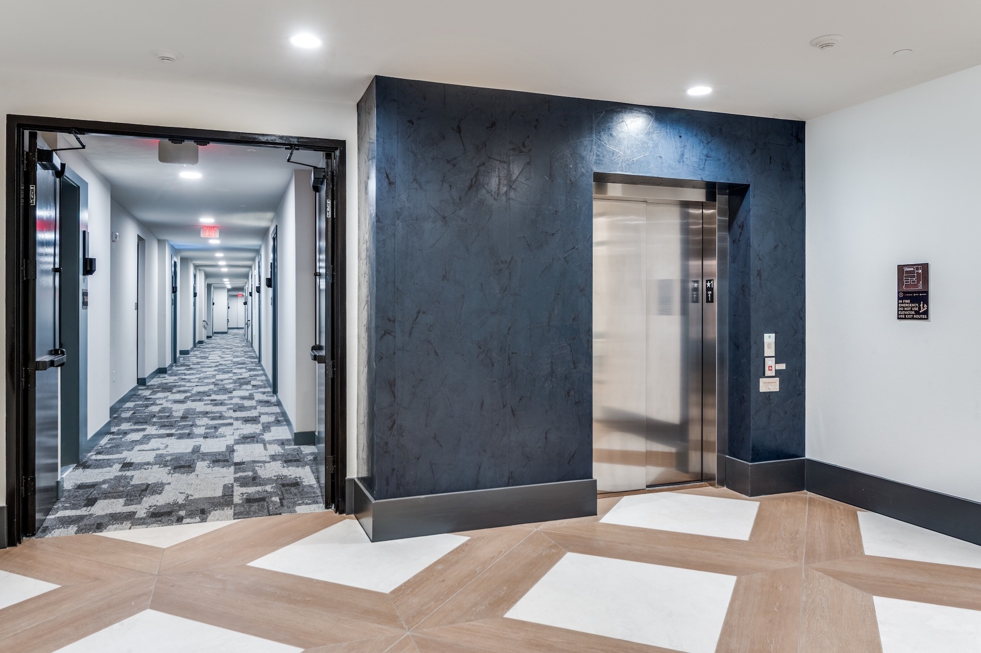 Elevator lobby and interior corridor