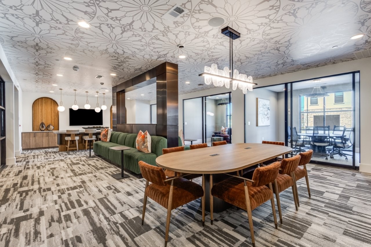 Business lounge with communal worktable