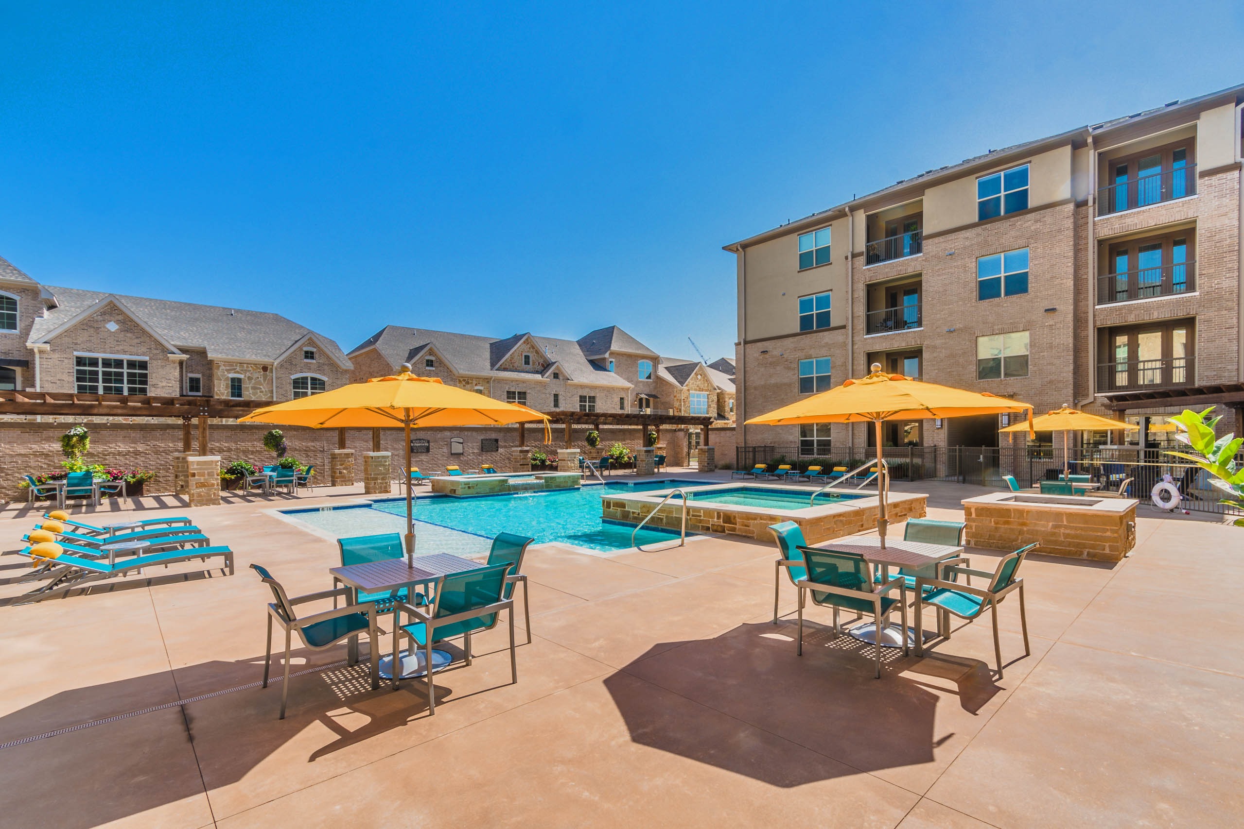 Pool deck with shaded seating