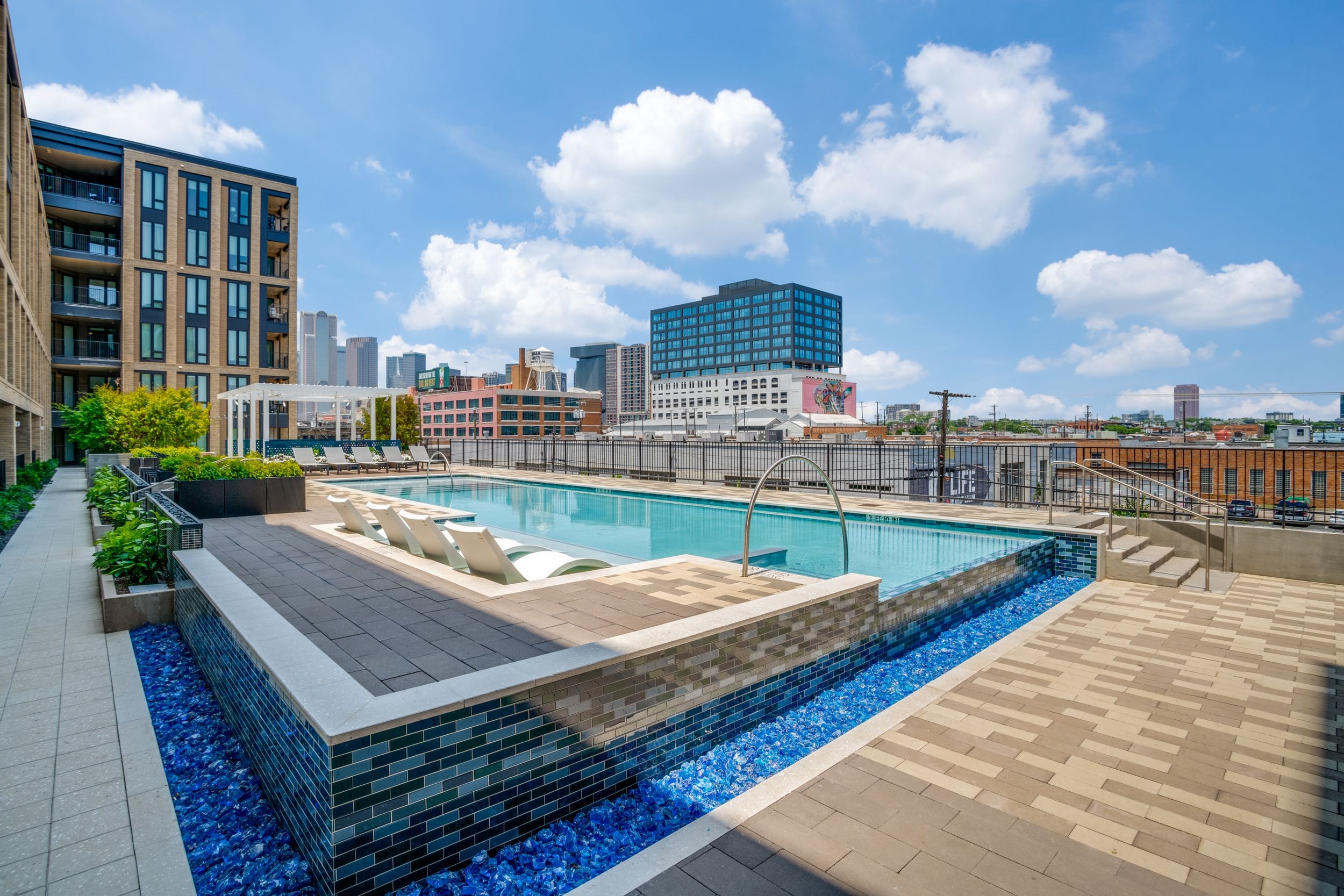 Pool with view of the building