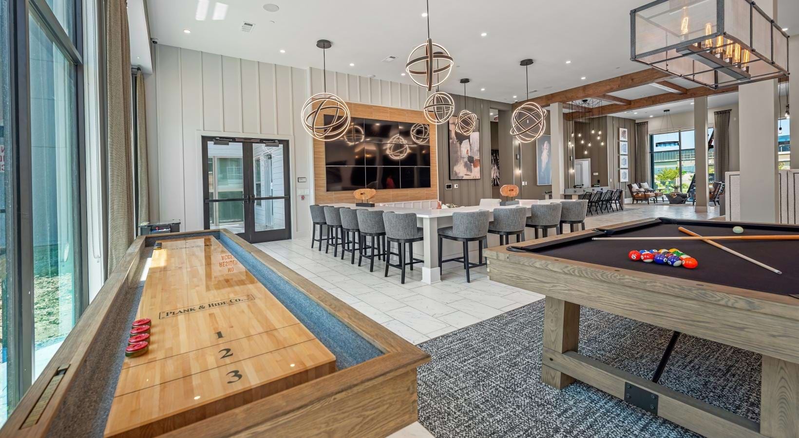 Game room with shuffleboard