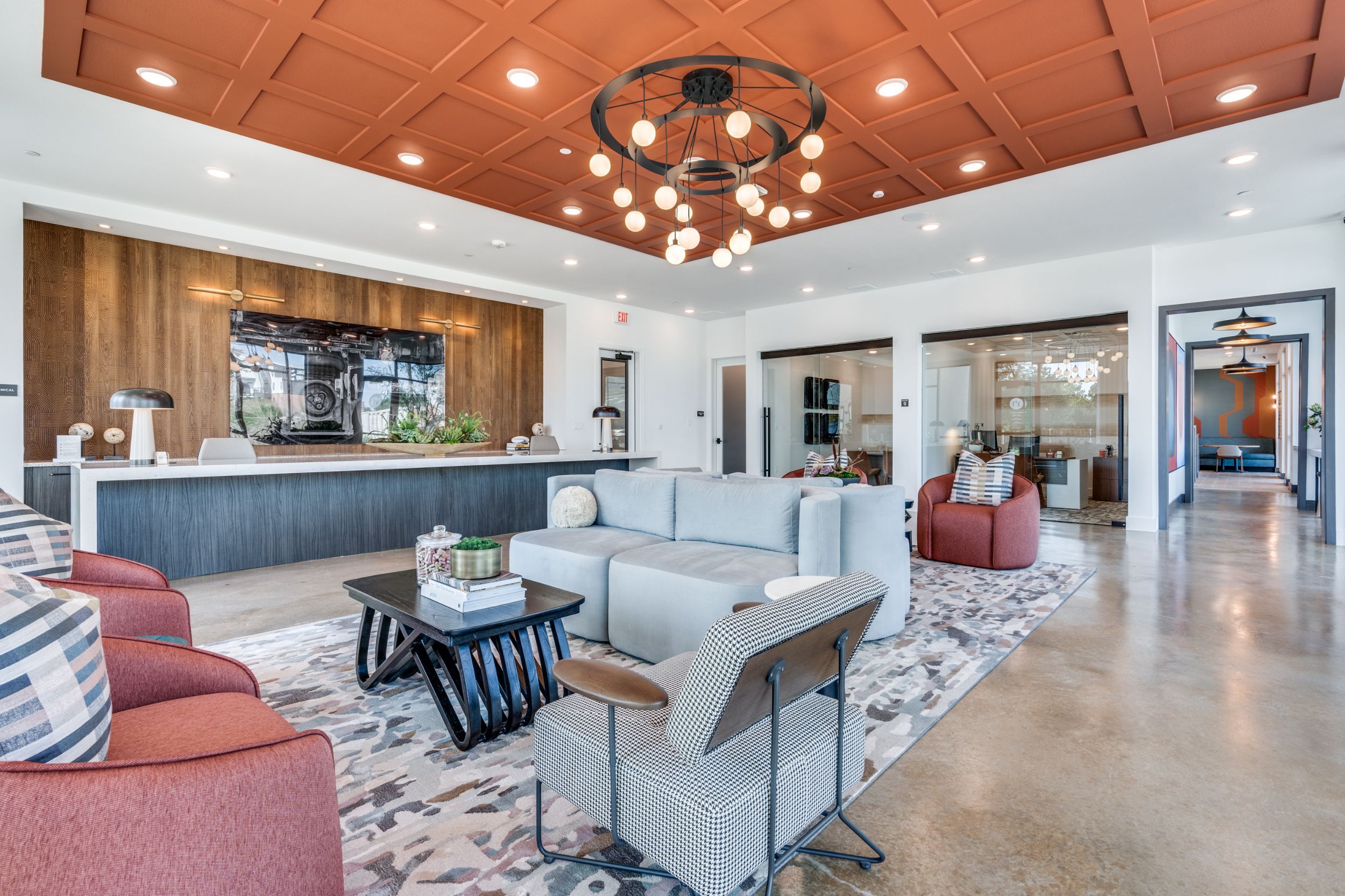 Modern, stylish lobby with plush seating and a welcoming reception area