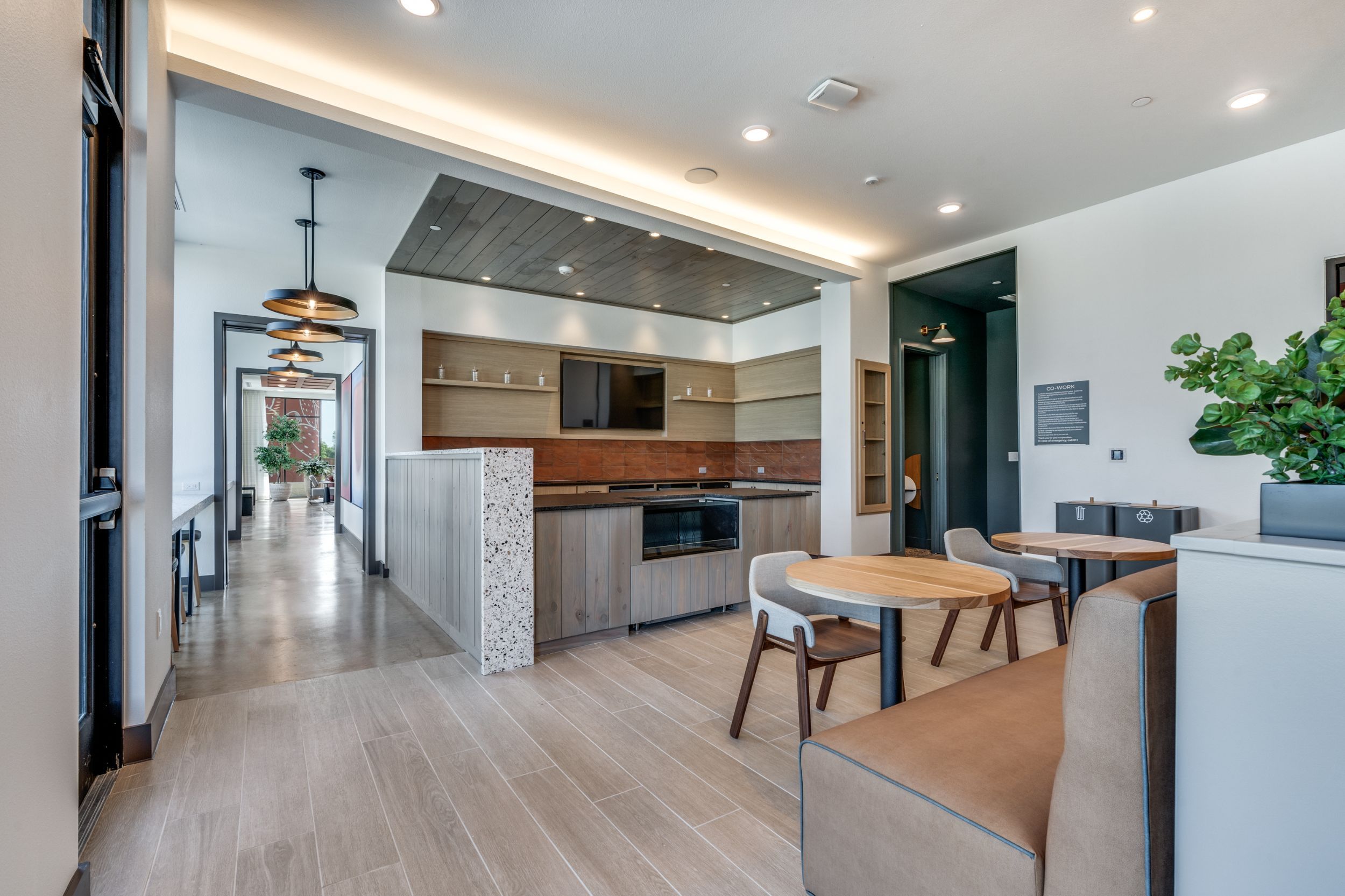 Community kitchen area with seating