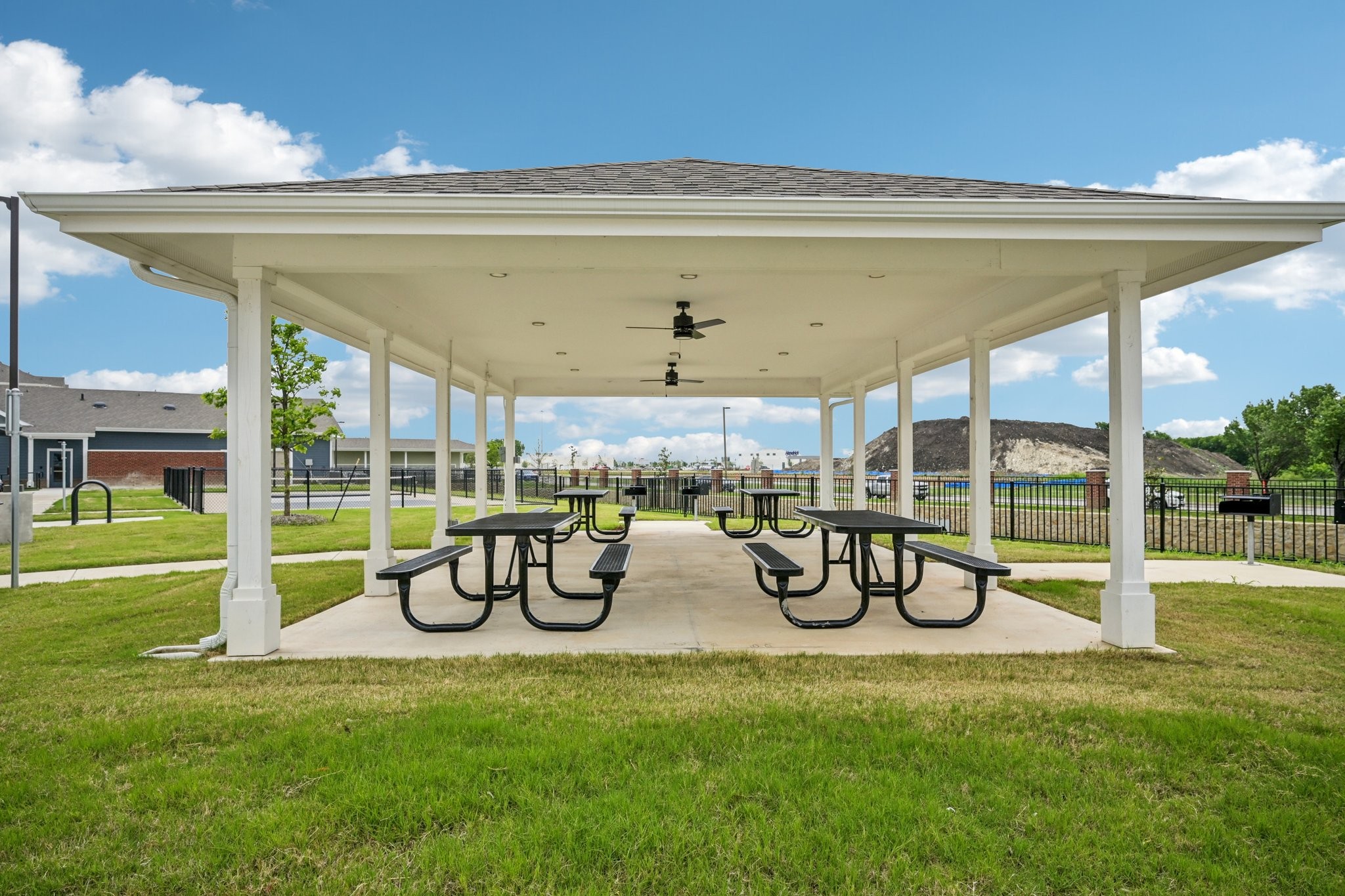 Covered picnic pavilion with tables and grills