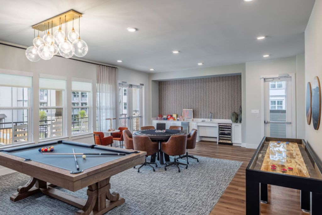Affinity at Lewisville - Game room with billiards and shuffleboard