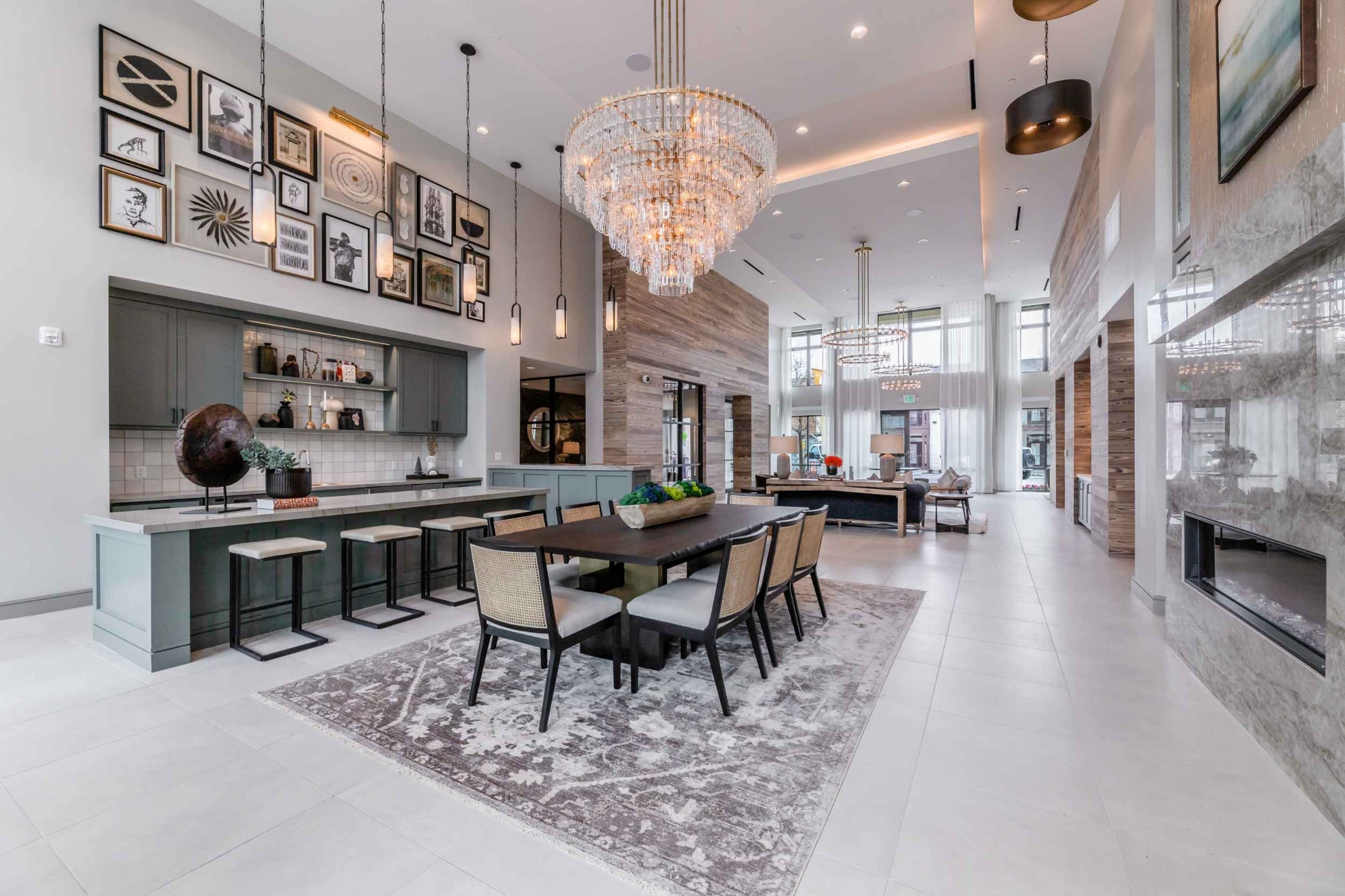 Atlas Crown - Lounge area with kitchen and fireplace