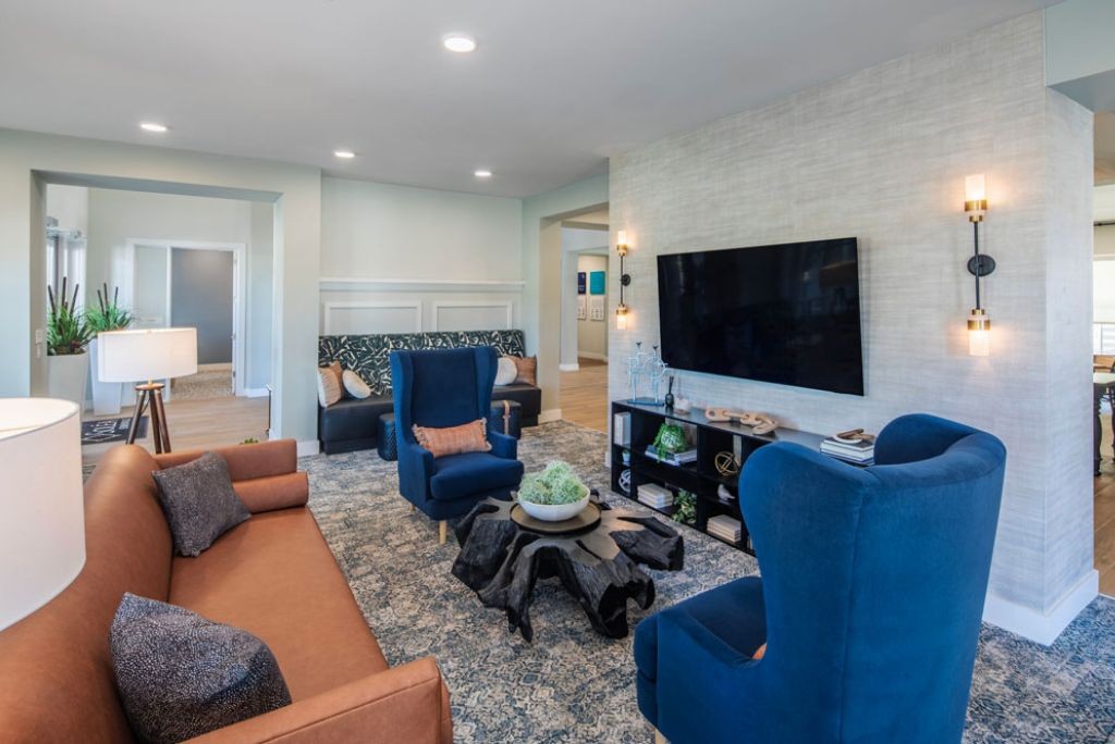 Affinity at Lewisville - Resident lounge with television and club chairs