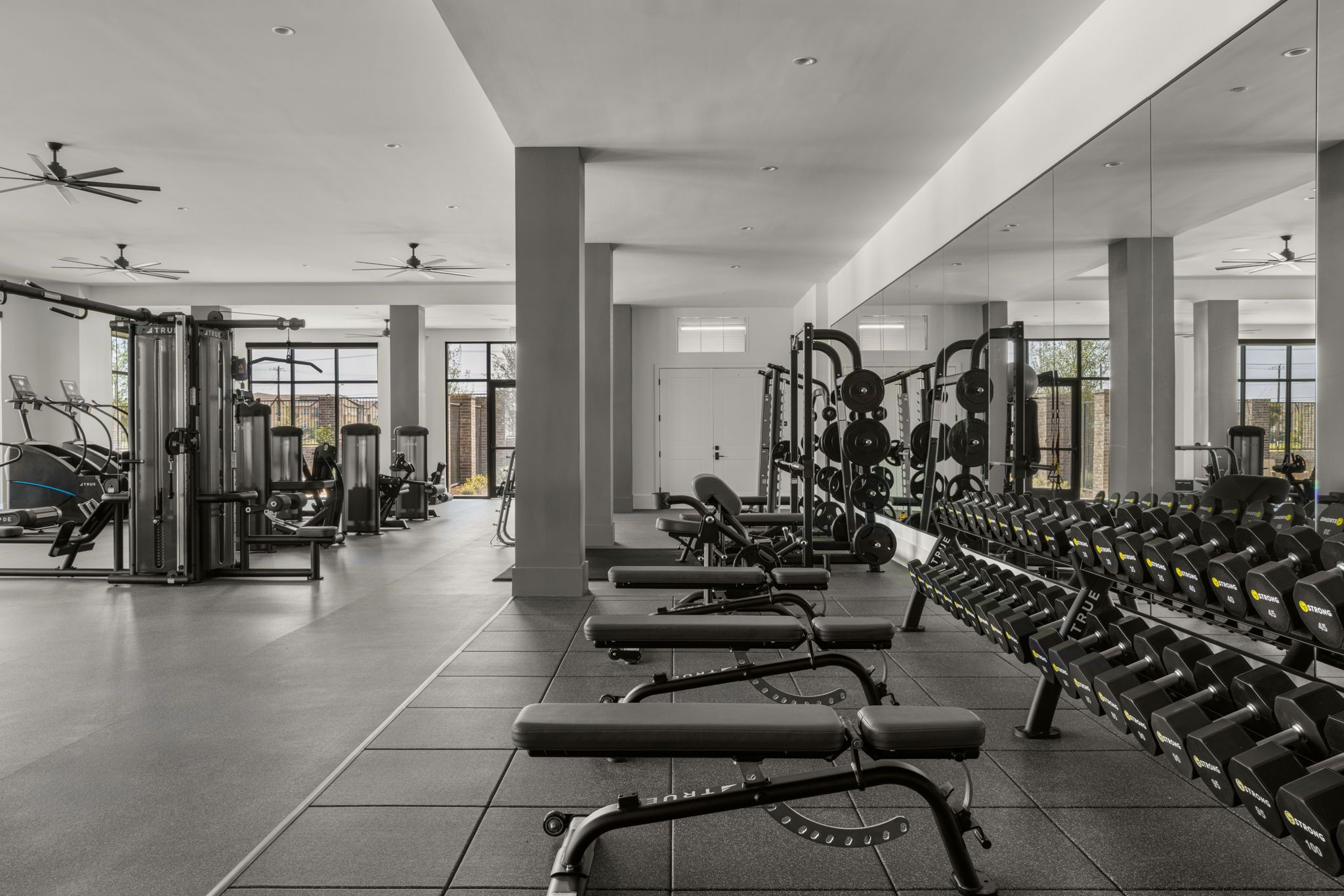 Fitness center free weights and benches
