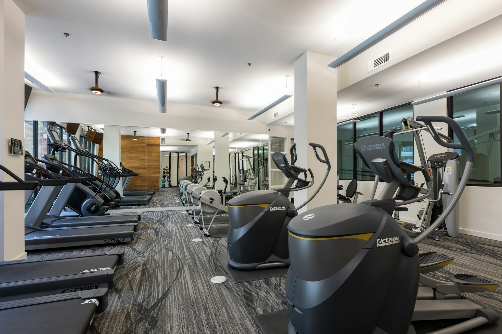 AMLI Frisco Crossing - Fitness center at AMLI Frisco Crossing with treadmills, other cardio machines, gray patterned carpet and white pillars