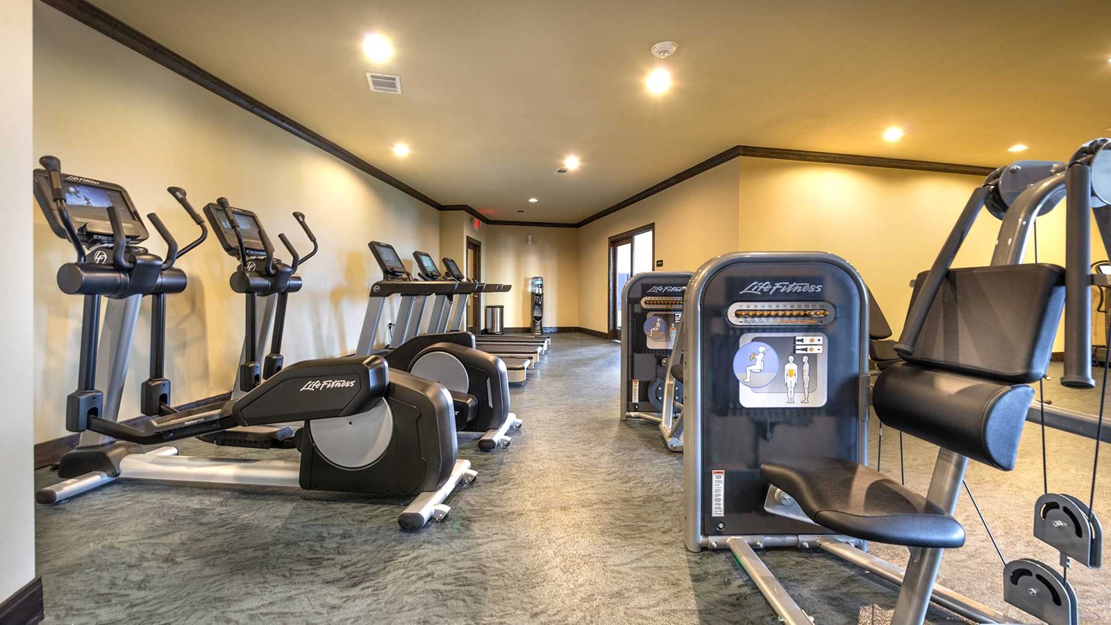 Elliptical machines line the wall on the left with additional fitness equipment on the right. at Bell Tower Reserve